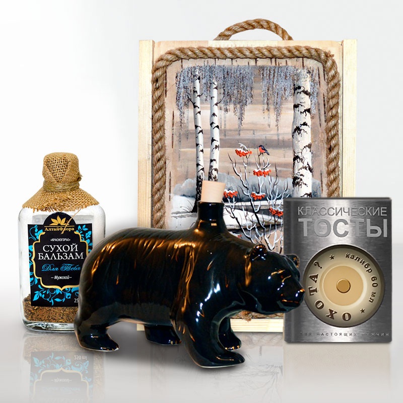 Подарочный набор "Медведь" (фарфор с черной деколью, в деревянном коробе с картиной)